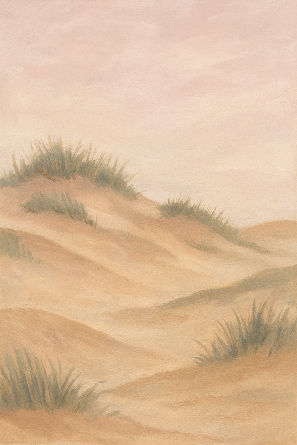 Painted illustration of soft sand dunes under a dusty rose sky