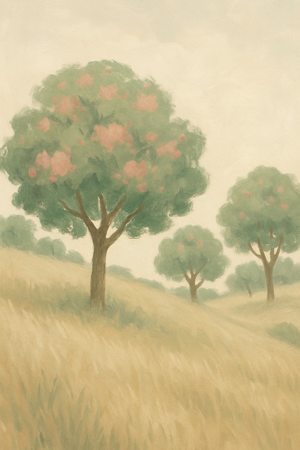 Painted illustration of an orchard on a golden hillside