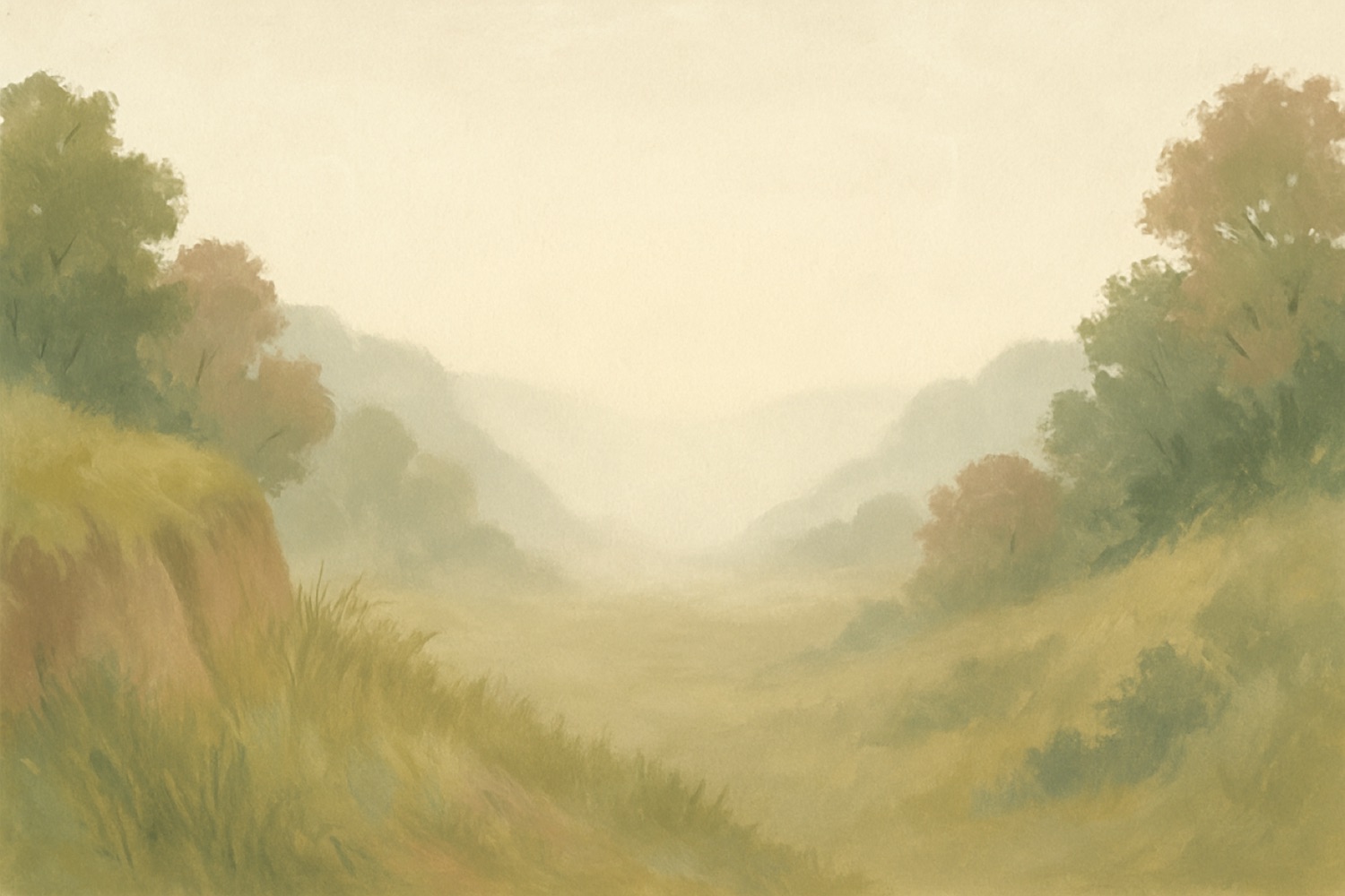 Painted illustration of a wide valley in morning haze