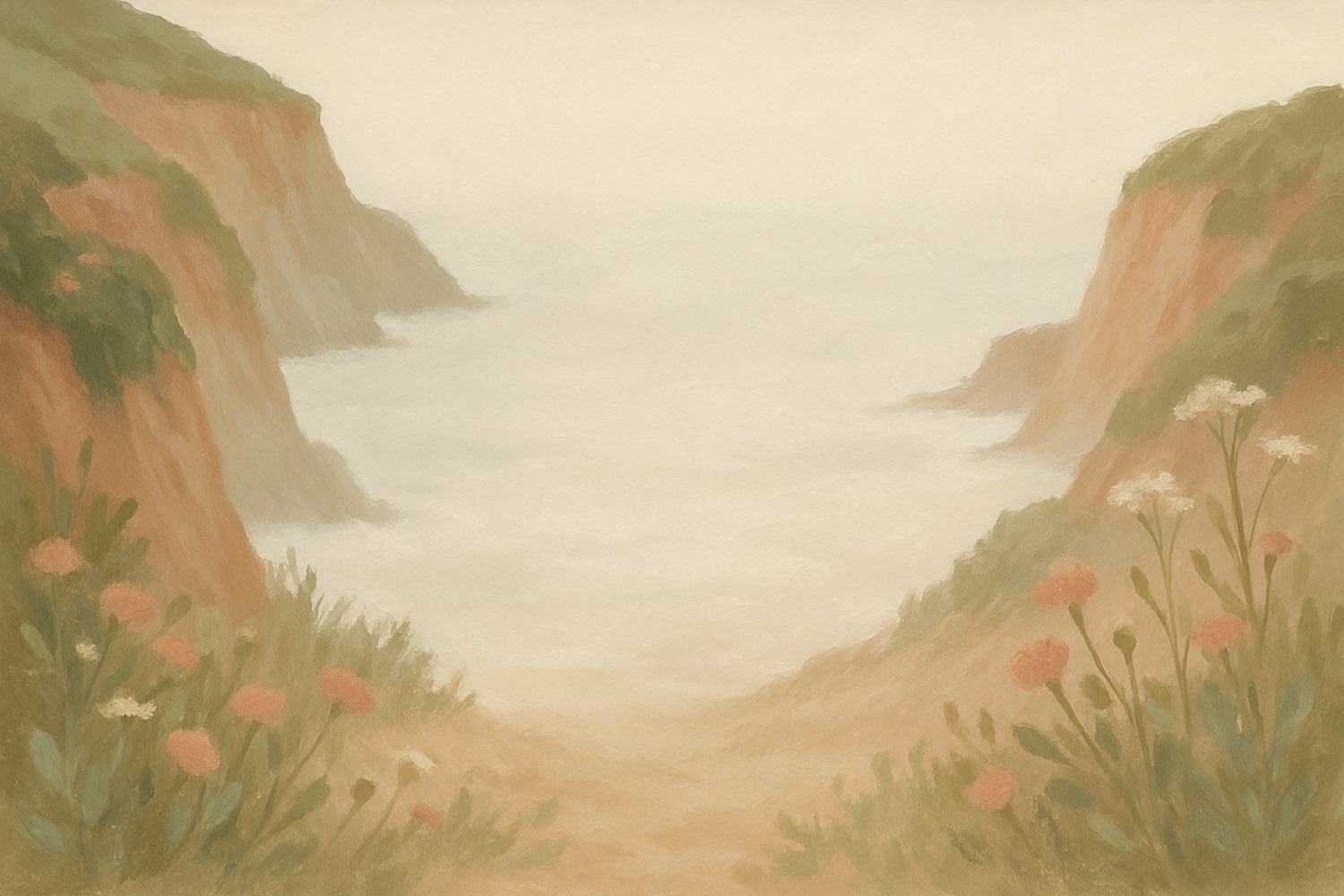 Painted illustration of coastal bluffs opening onto a pale, misty sea