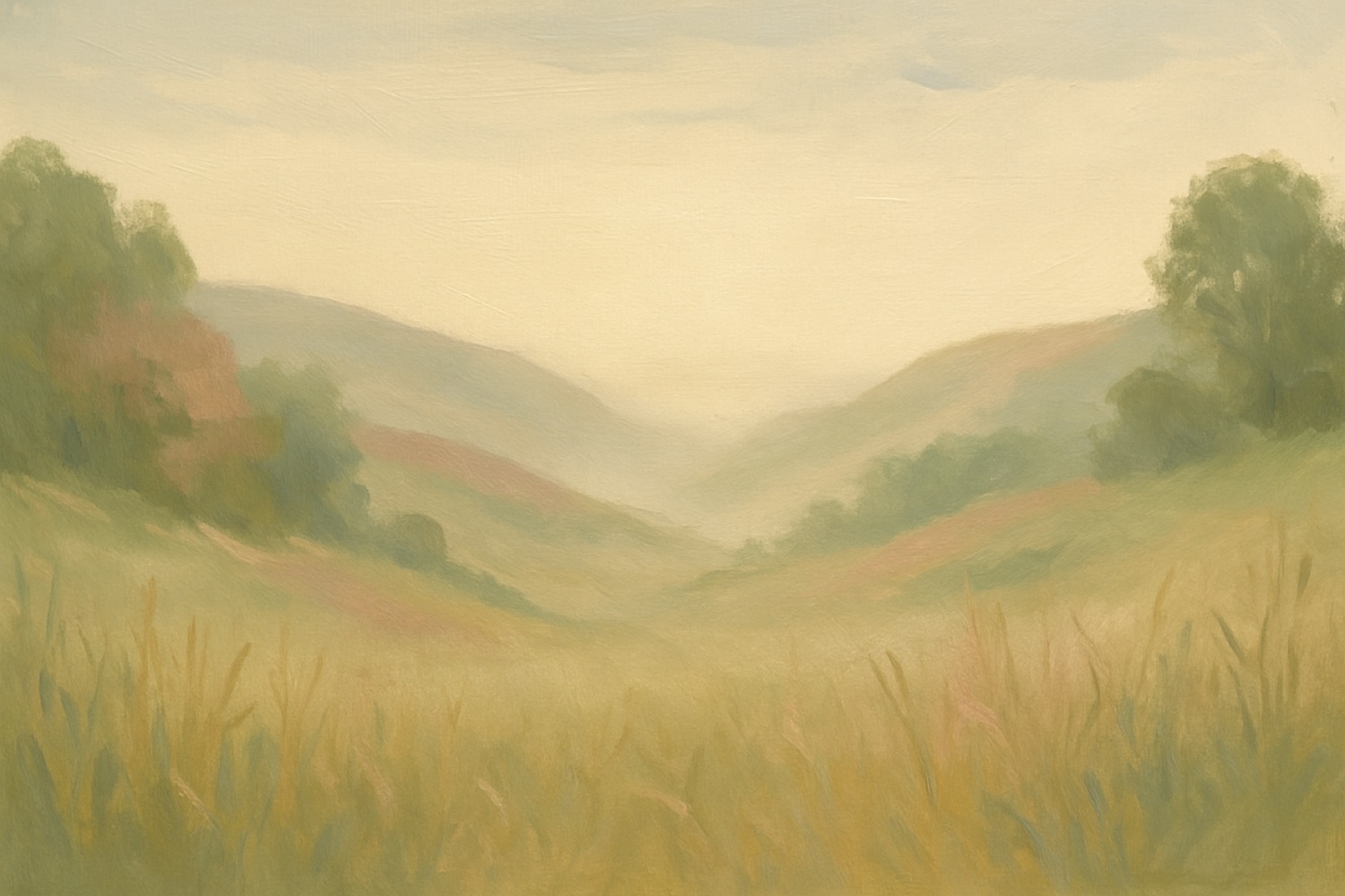 Painted illustration of hills fading into morning haze